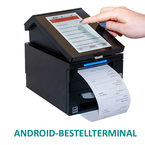 Illustration of an order terminal with a touchscreen - the receipt is emerging from the bottom of the device